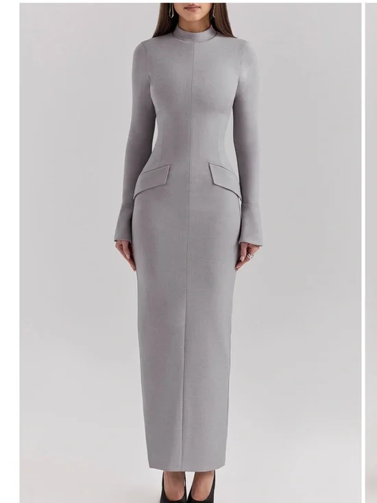 House of CB Long Sleeve Grey Fitted Maxi Dress - Picture 3 of 6